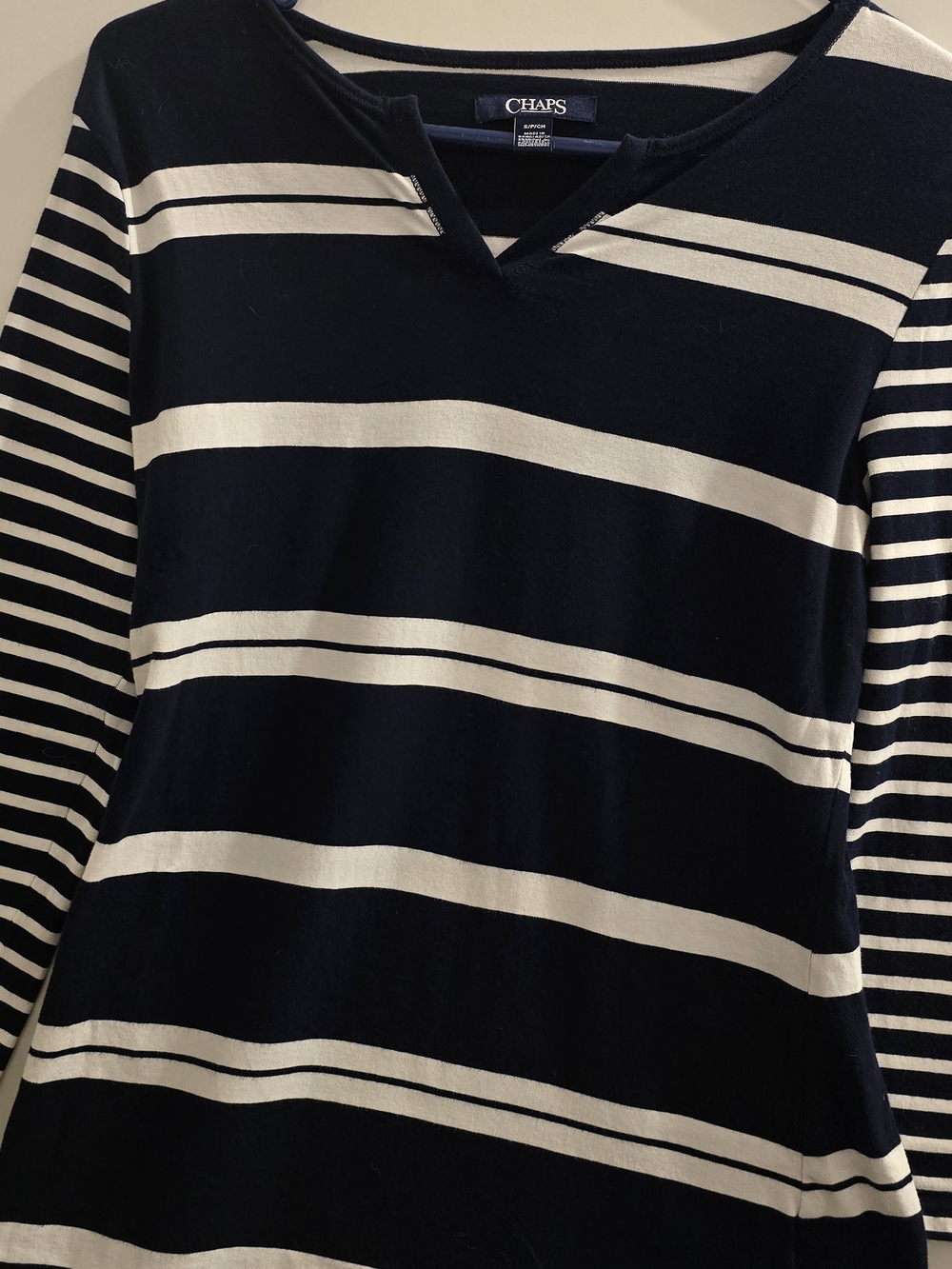 Chaps Navy and White Striped V-Neck Women's Top
